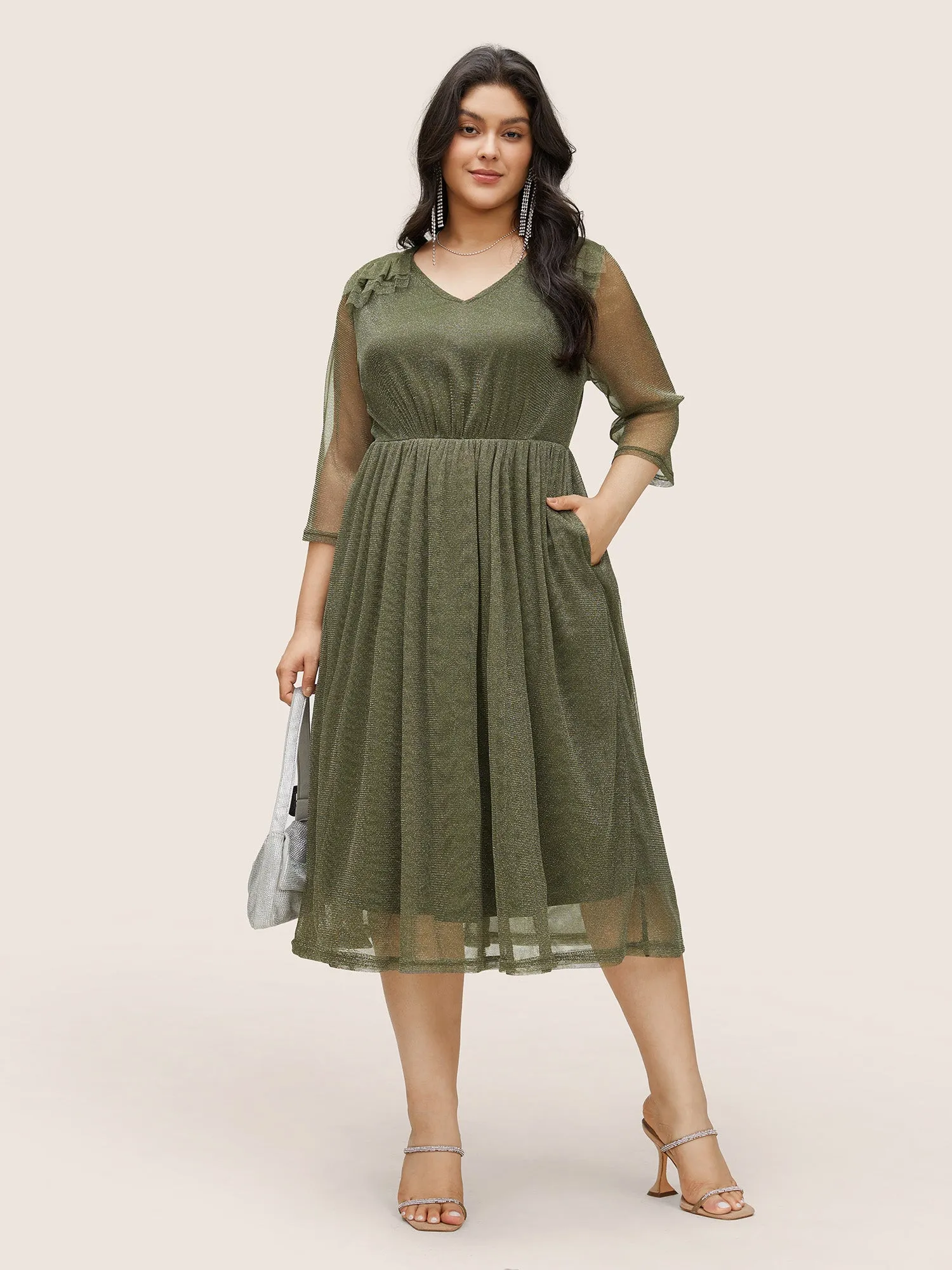 Flutter Trim Mesh Pocket Gathered Dress sold by Bloomchic