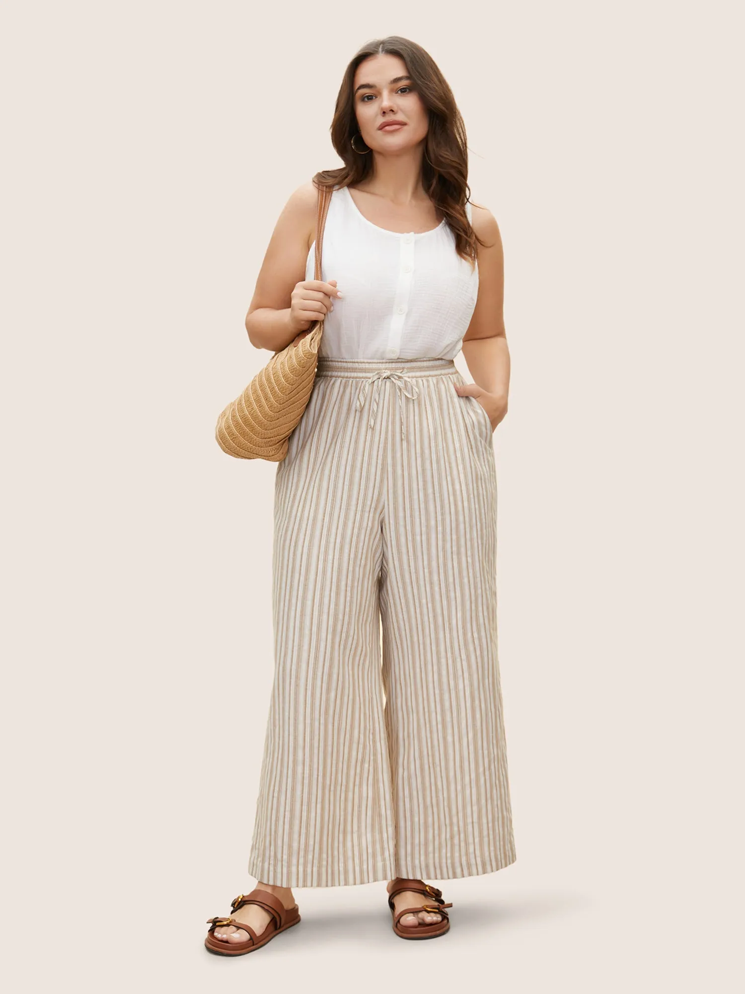Striped Drawstring Mid Rise Wide Leg Pants sold by Bloomchic