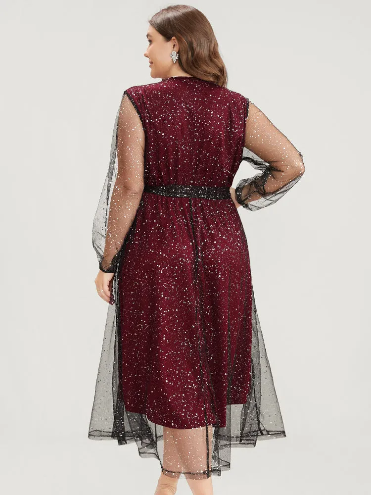 Polka Dot Lantern Sleeve Surplice Neck Mesh Belted Dress sold by Bloomchic product image thumbnail 5