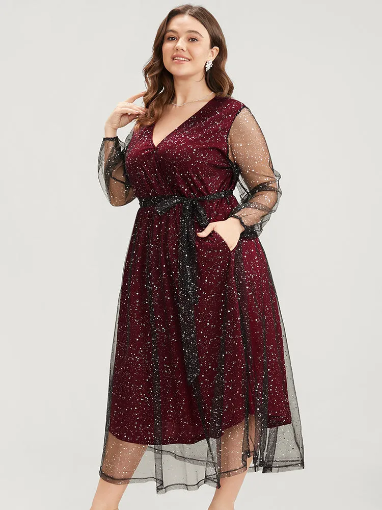 Polka Dot Lantern Sleeve Surplice Neck Mesh Belted Dress sold by Bloomchic product image thumbnail 2