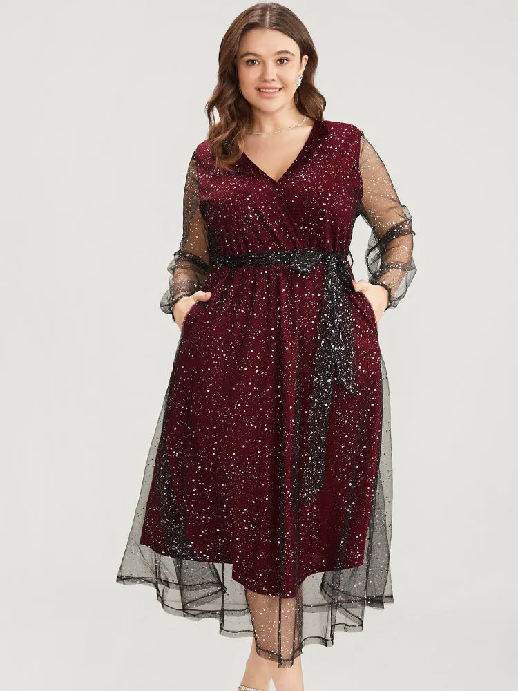 Polka Dot Lantern Sleeve Surplice Neck Mesh Belted Dress sold by Bloomchic product image thumbnail 3