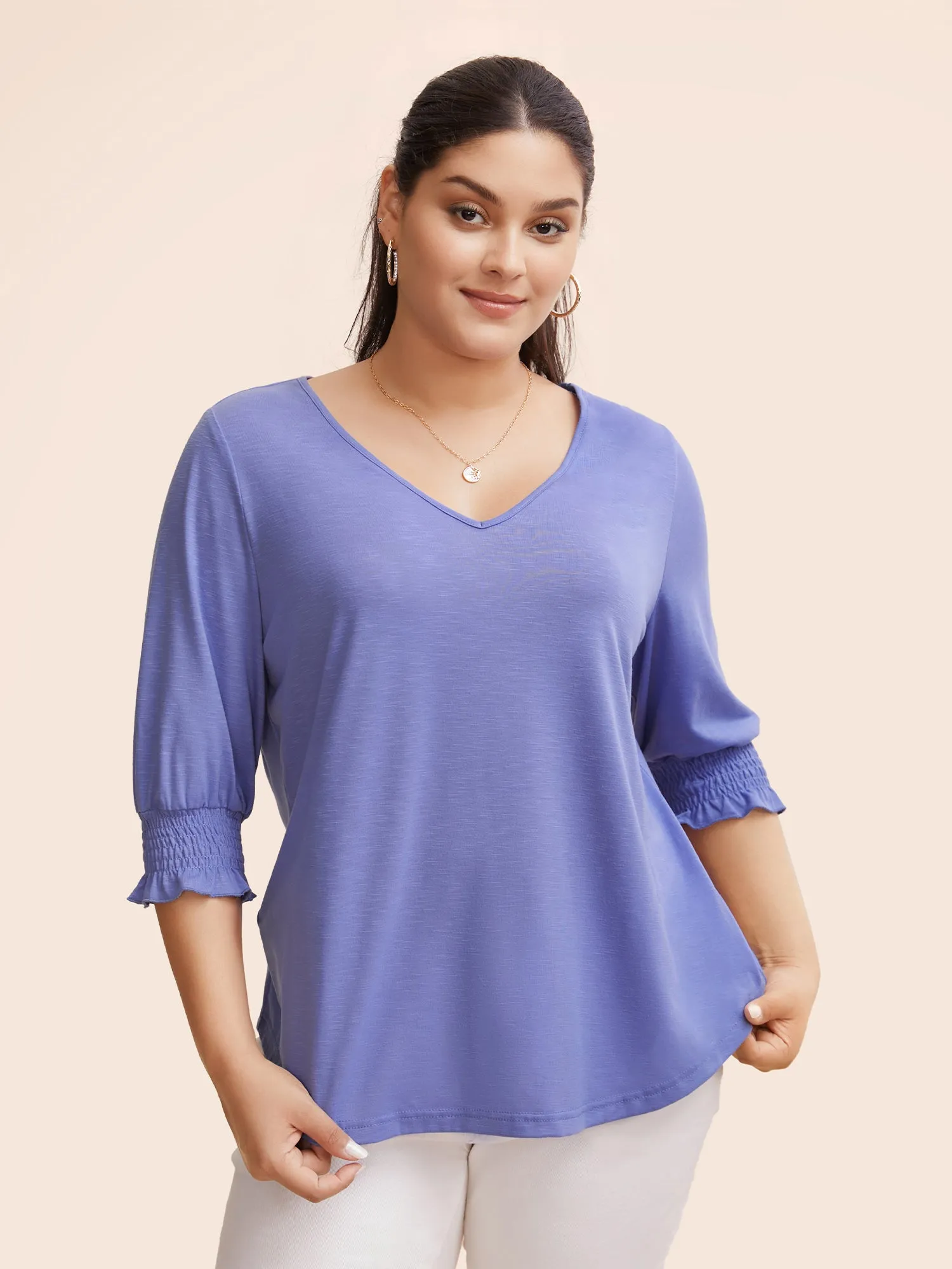Solid V Neck Shirred Lantern Sleeve T-shirt sold by Bloomchic