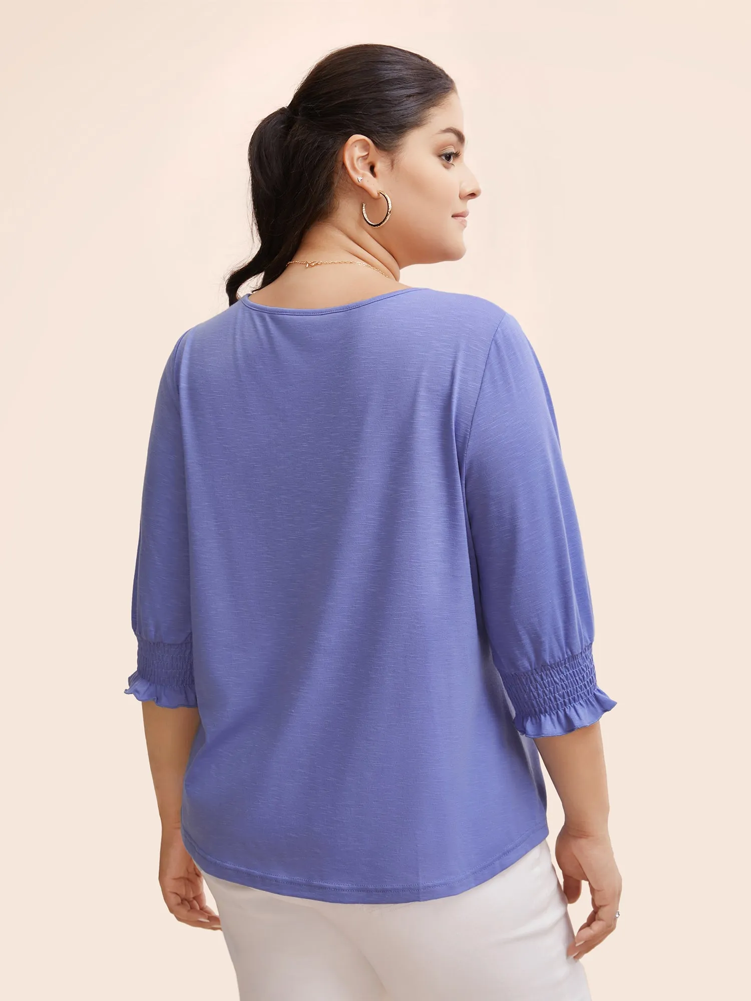 Solid V Neck Shirred Lantern Sleeve T-shirt sold by Bloomchic product image thumbnail 4