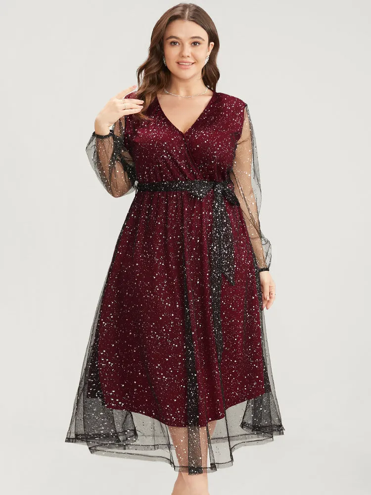 Polka Dot Lantern Sleeve Surplice Neck Mesh Belted Dress sold by Bloomchic