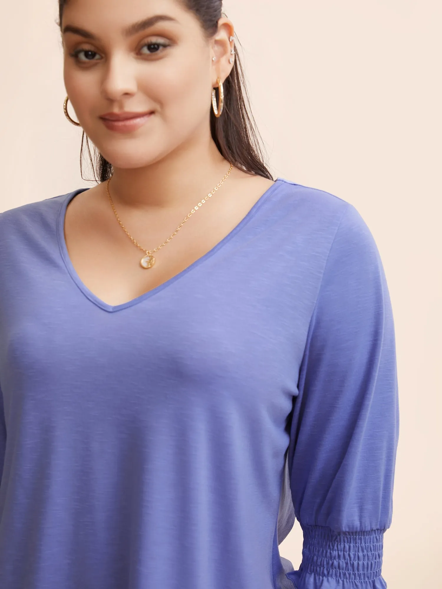 Solid V Neck Shirred Lantern Sleeve T-shirt sold by Bloomchic product image thumbnail 3
