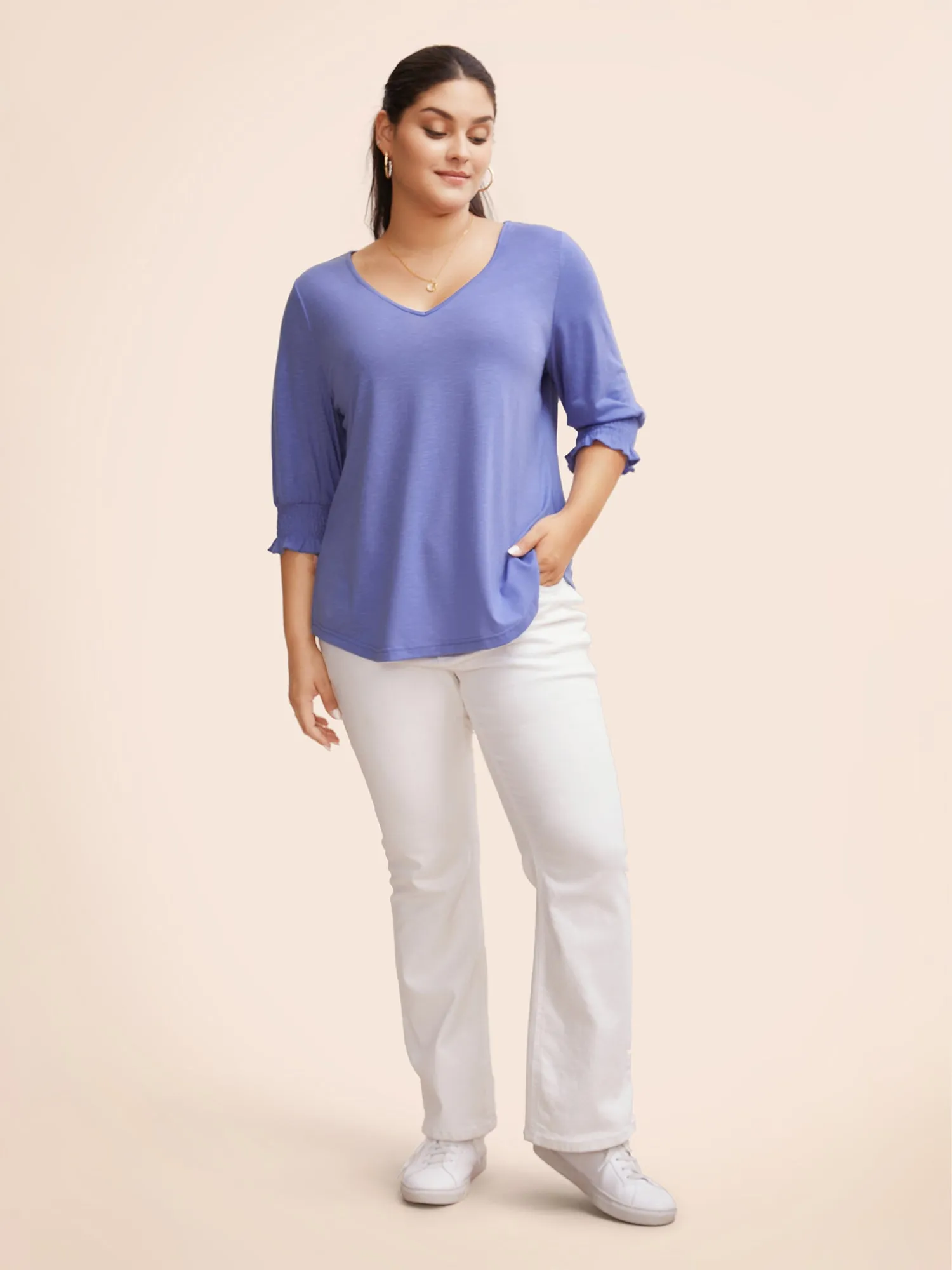 Solid V Neck Shirred Lantern Sleeve T-shirt sold by Bloomchic product image thumbnail 2