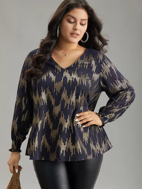 Glitter V Neck Shirred Lantern Sleeve Blouse sold by Bloomchic