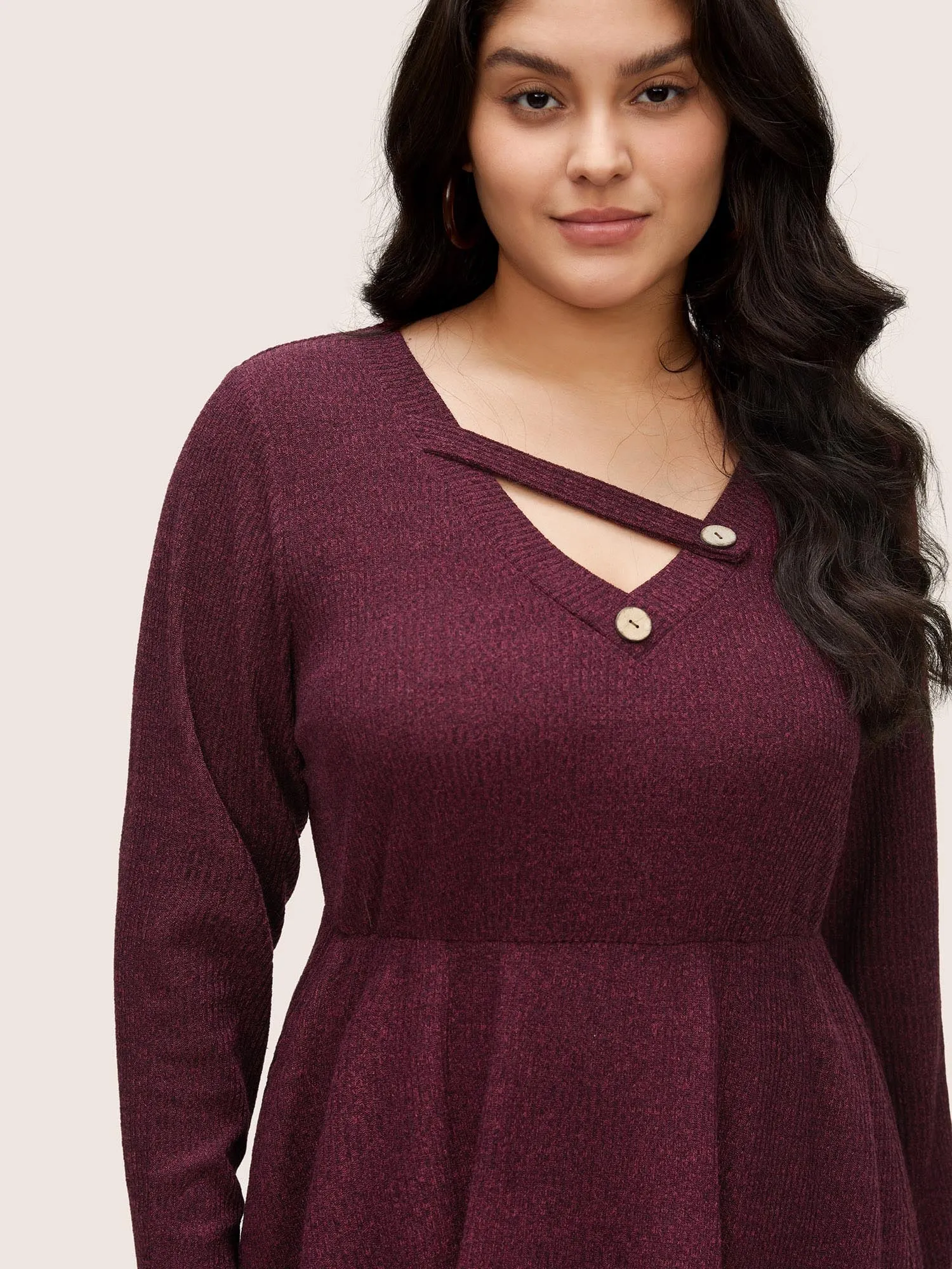 Rib Knit Cut Out Button Detail Asymmetrical Neck Dress sold by Bloomchic product image thumbnail 3