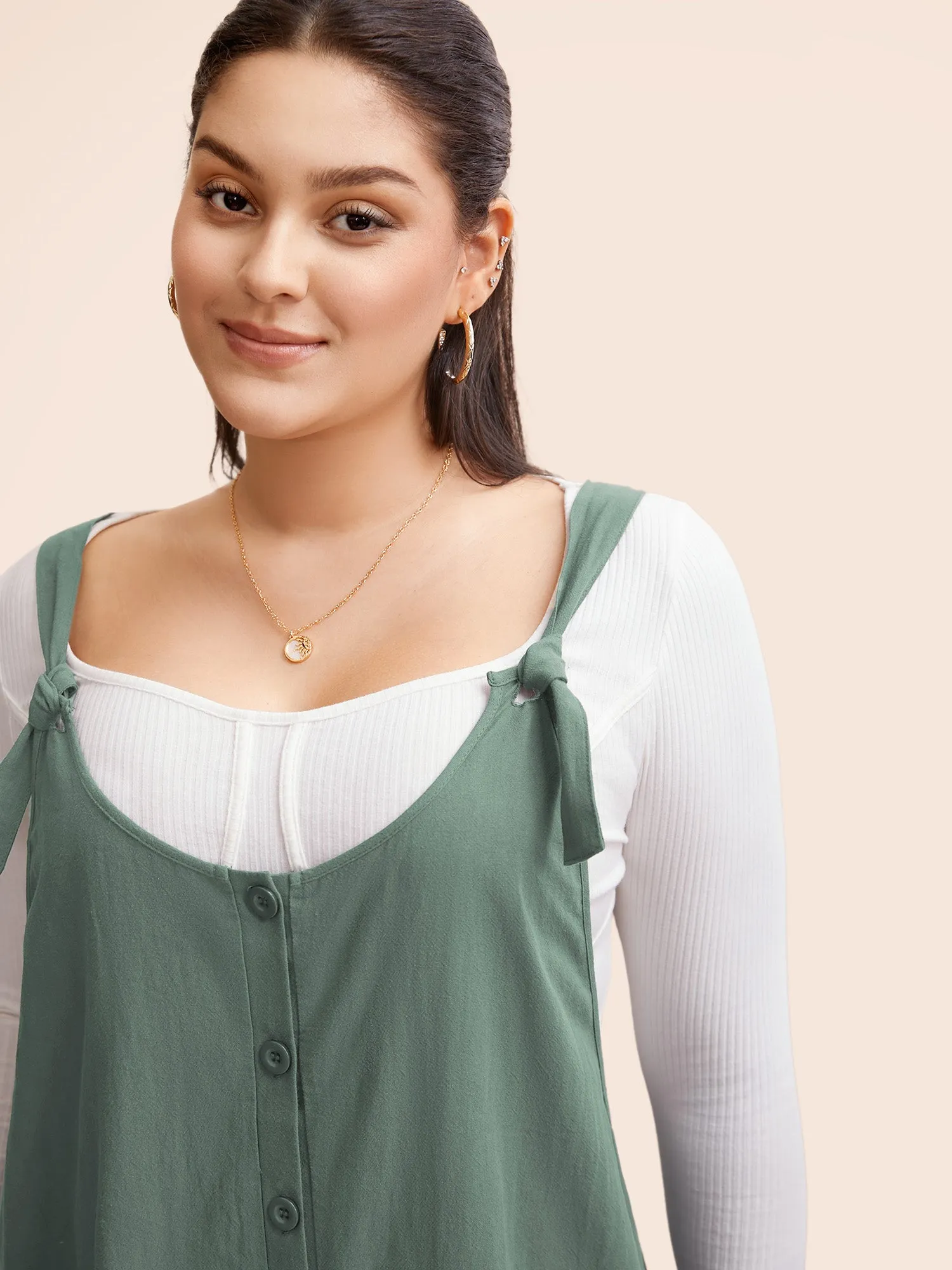 Solid Pocket Button Detail Knot Shoulder Overall Romper sold by Bloomchic product image thumbnail 3