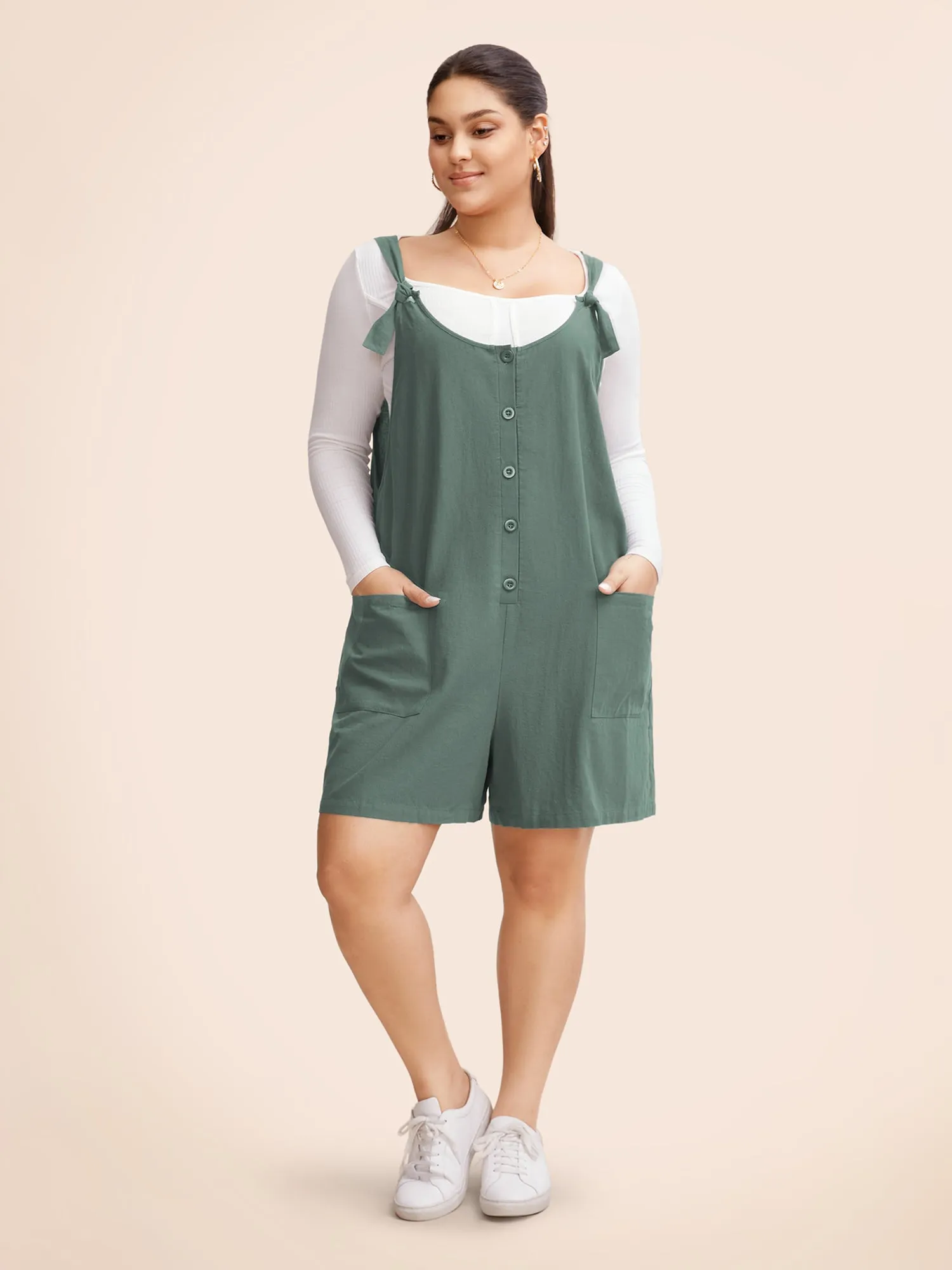 Solid Pocket Button Detail Knot Shoulder Overall Romper sold by Bloomchic product image thumbnail 2