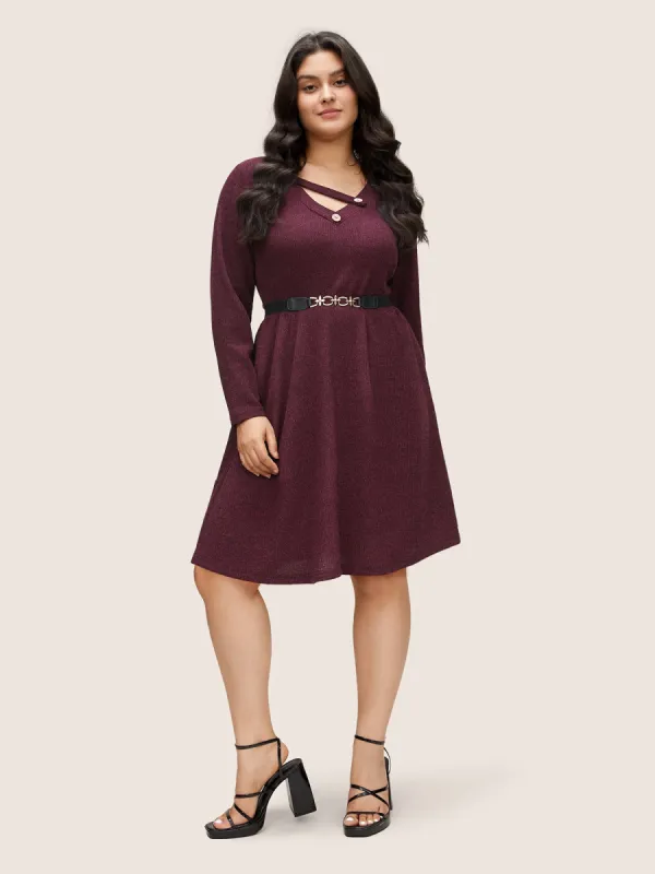 Rib Knit Cut Out Button Detail Asymmetrical Neck Dress sold by Bloomchic