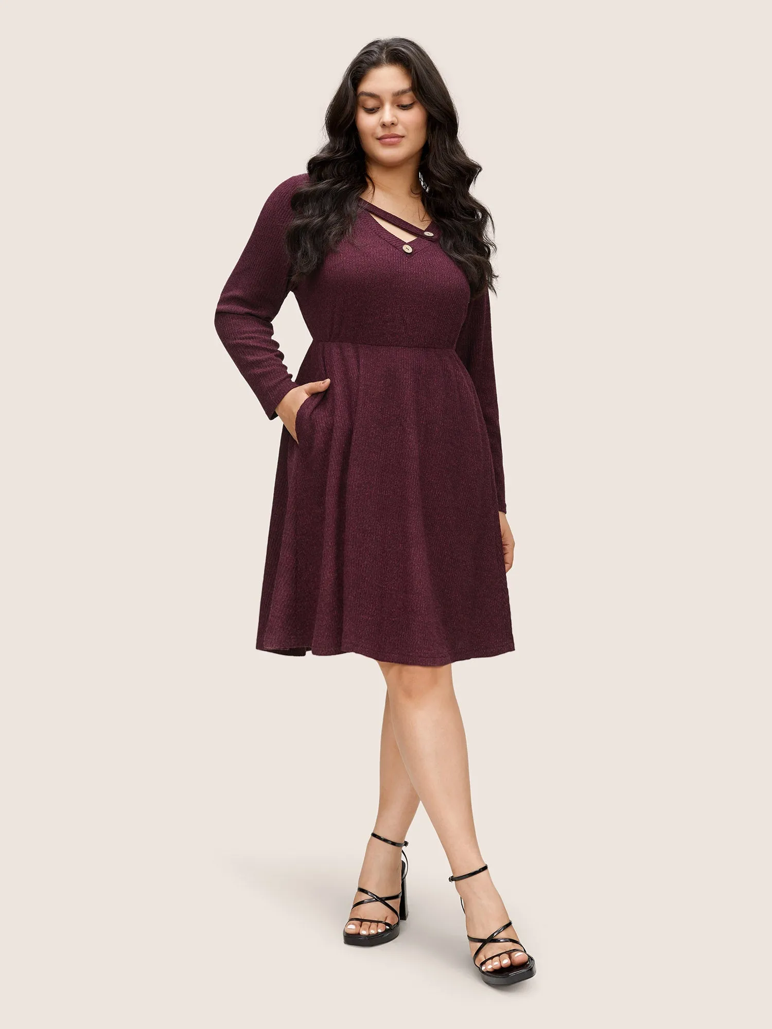 Rib Knit Cut Out Button Detail Asymmetrical Neck Dress sold by Bloomchic product image thumbnail 2