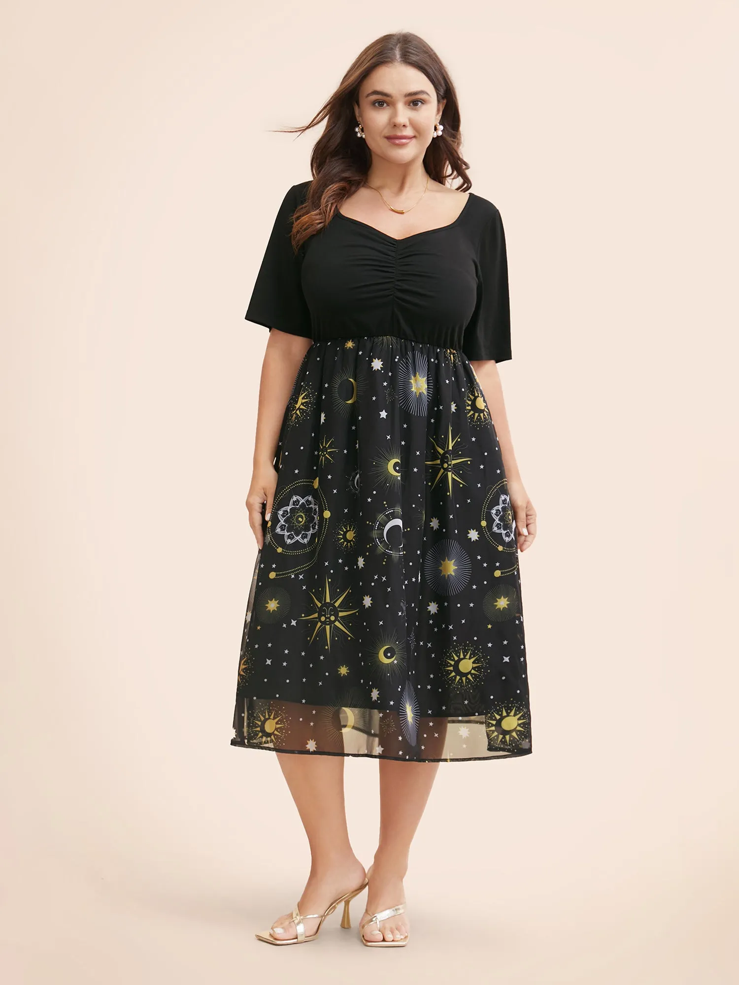 Halloween Moon & Star Print Ruched Patchwork Dress sold by Bloomchic product image thumbnail 2