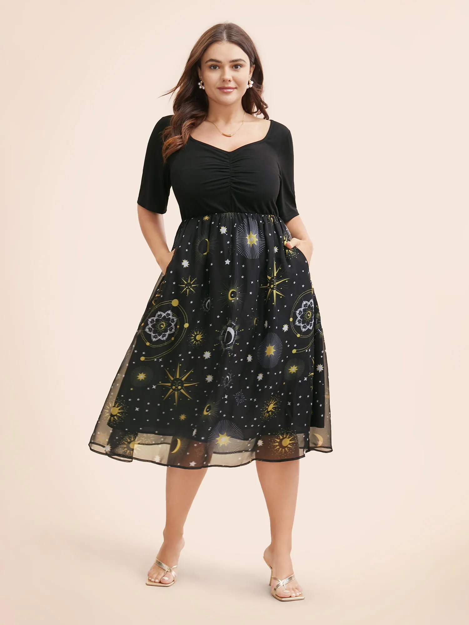 Halloween Moon & Star Print Ruched Patchwork Dress sold by Bloomchic