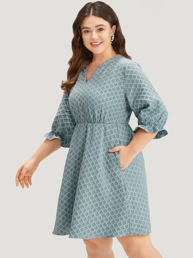 Geo Plisse Pocket Lantern Sleeve Notched Dress sold by Bloomchic product image thumbnail 3