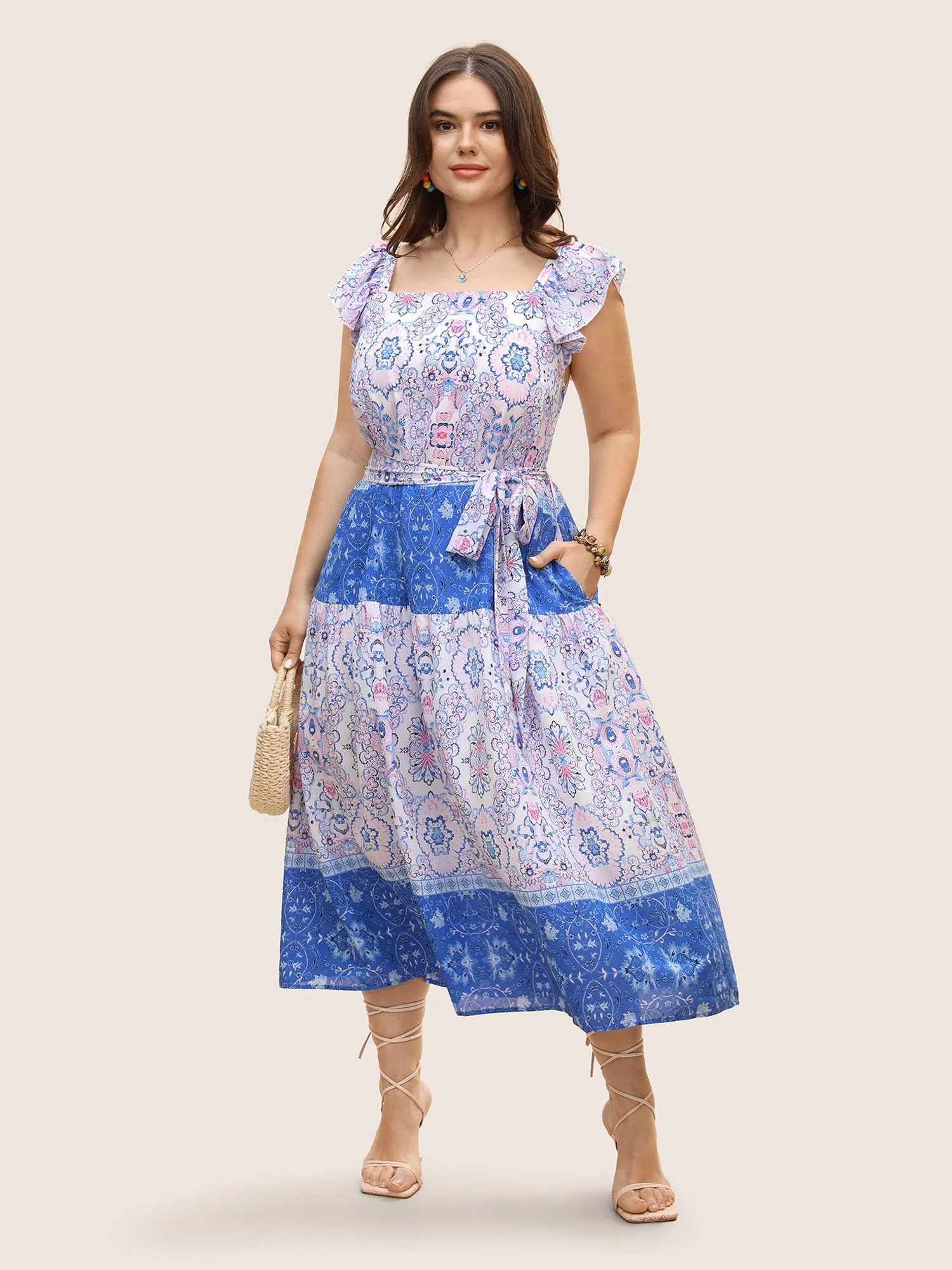 Boho Print Ruffle Sleeve Belted Midi Dress sold by Bloomchic product image thumbnail 3