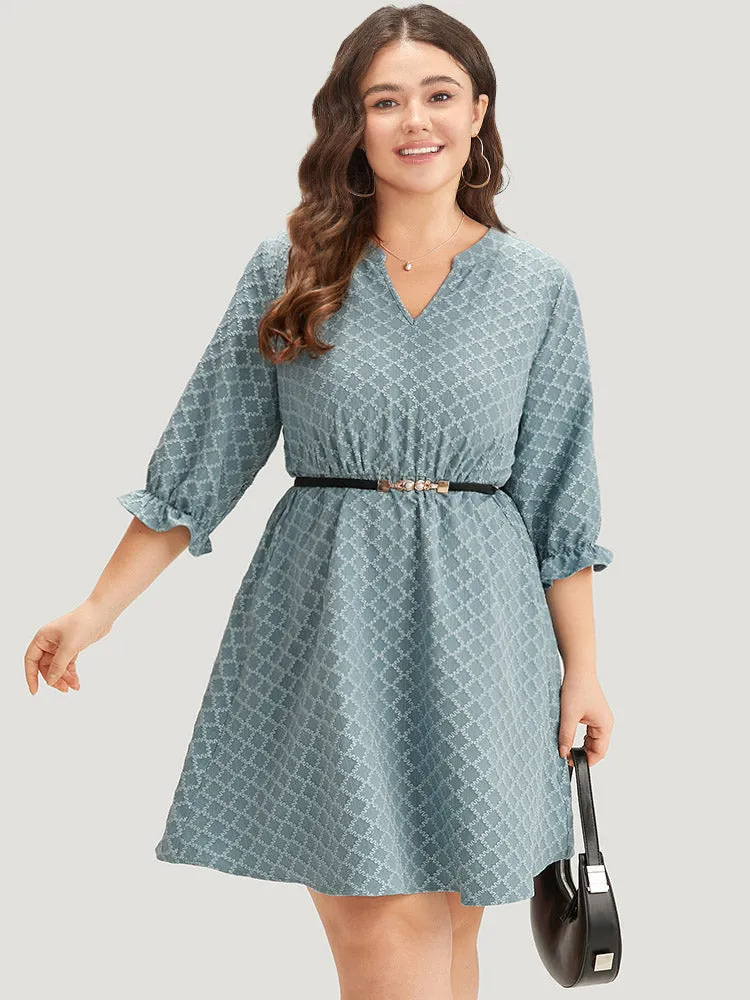 Geo Plisse Pocket Lantern Sleeve Notched Dress sold by Bloomchic