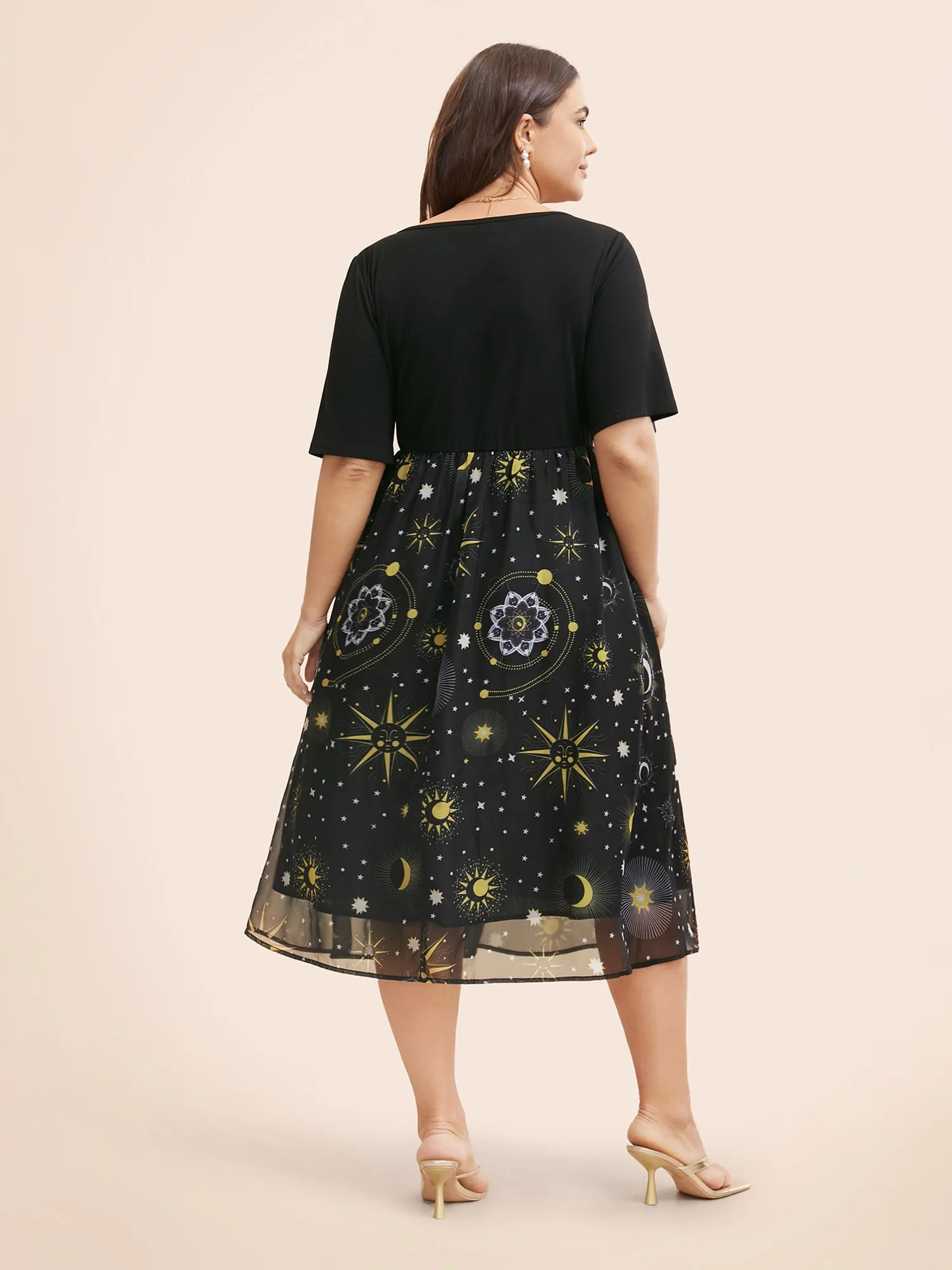 Halloween Moon & Star Print Ruched Patchwork Dress sold by Bloomchic product image thumbnail 3