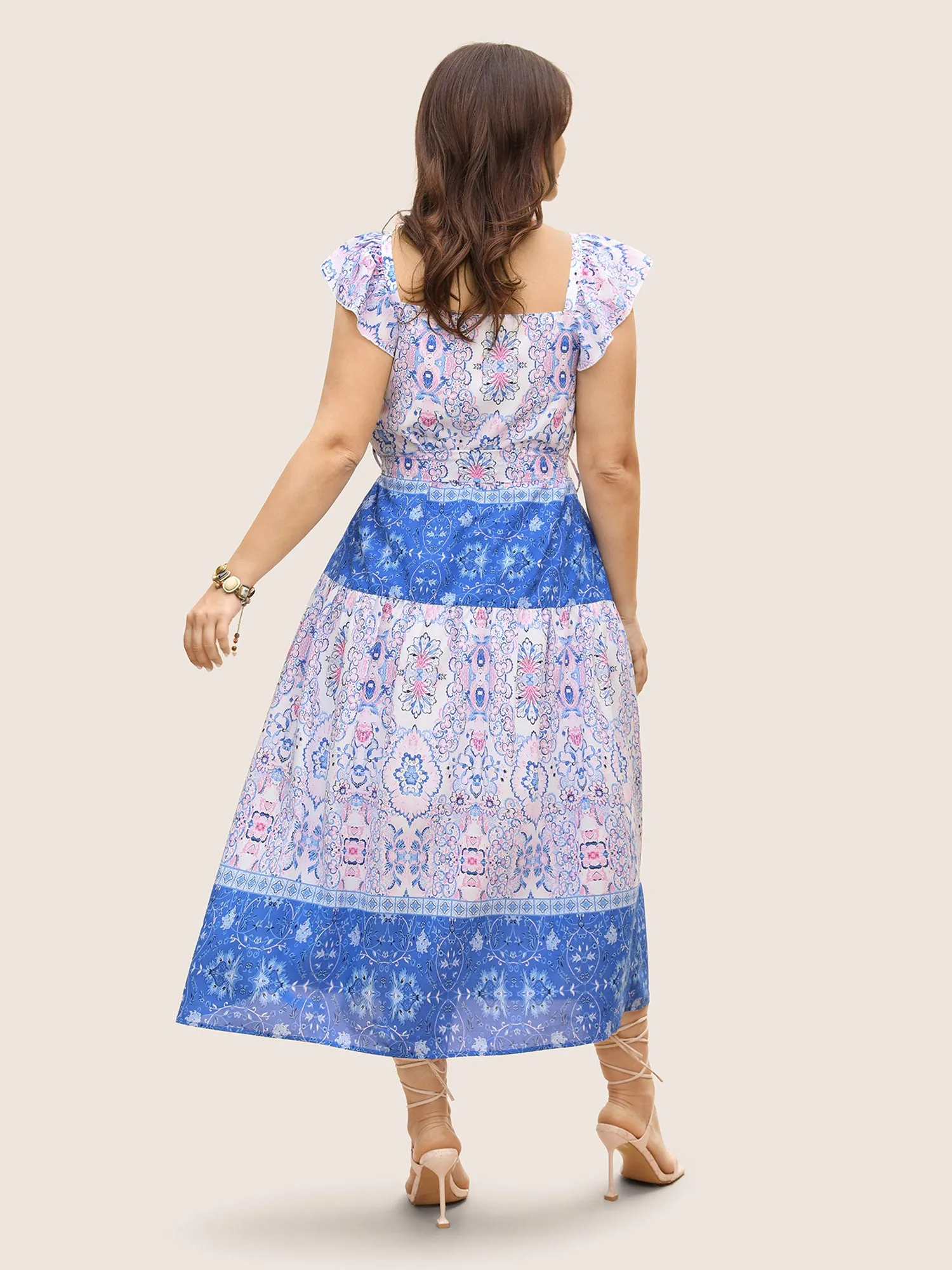 Boho Print Ruffle Sleeve Belted Midi Dress sold by Bloomchic product image thumbnail 4