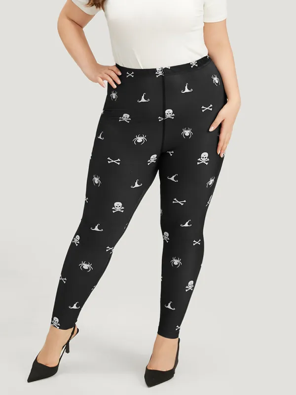 Halloween Skull Print Elastic Waist Leggings sold by Bloomchic