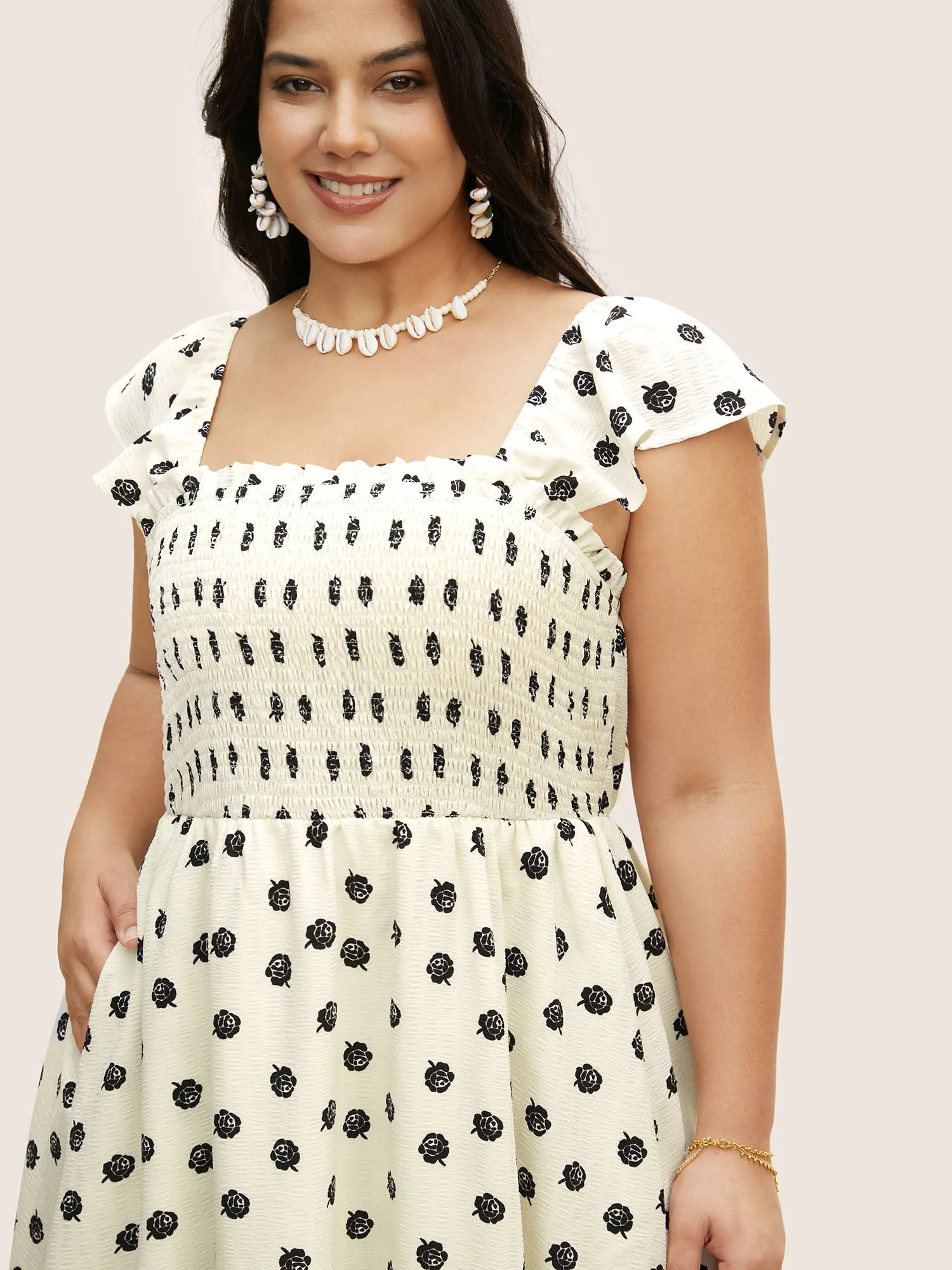 Square Neck Floral Shirred Cap sleeve Dress sold by Bloomchic product image thumbnail 4