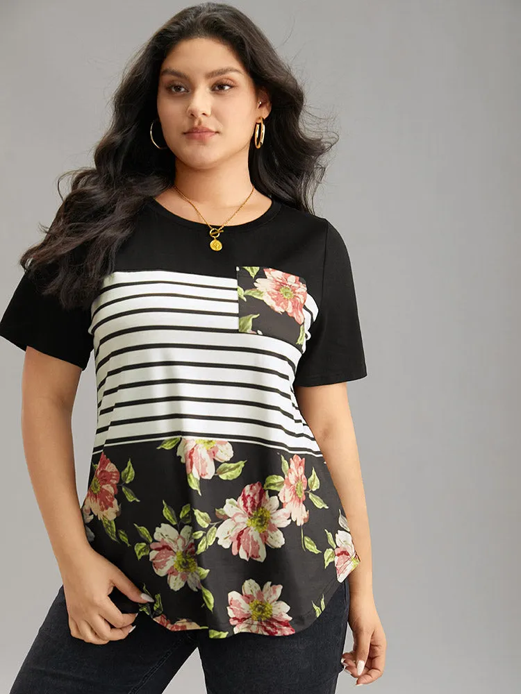 Floral Striped Patchwork Patched Pocket T-shirt sold by Bloomchic product image thumbnail 5