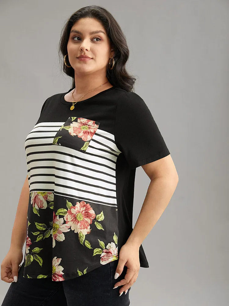 Floral Striped Patchwork Patched Pocket T-shirt sold by Bloomchic product image thumbnail 3
