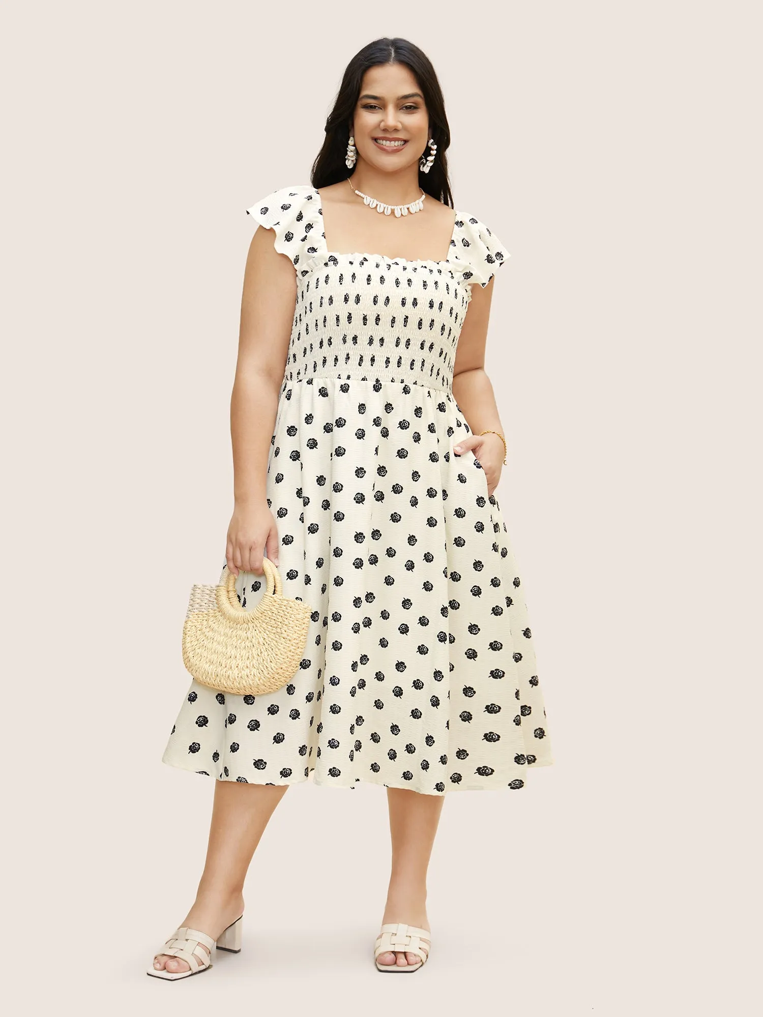 Square Neck Floral Shirred Cap sleeve Dress sold by Bloomchic product image thumbnail 2