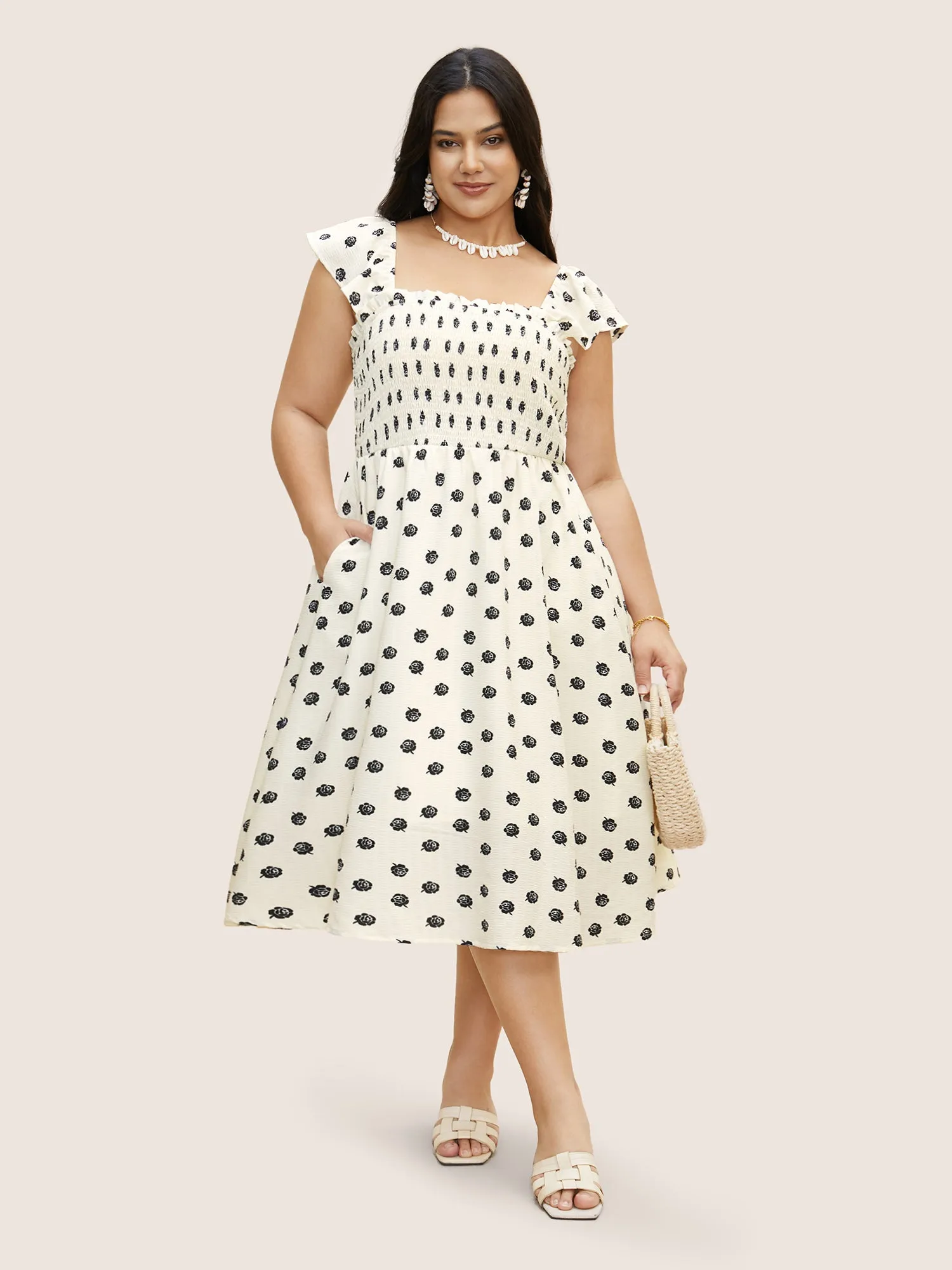 Square Neck Floral Shirred Cap sleeve Dress sold by Bloomchic