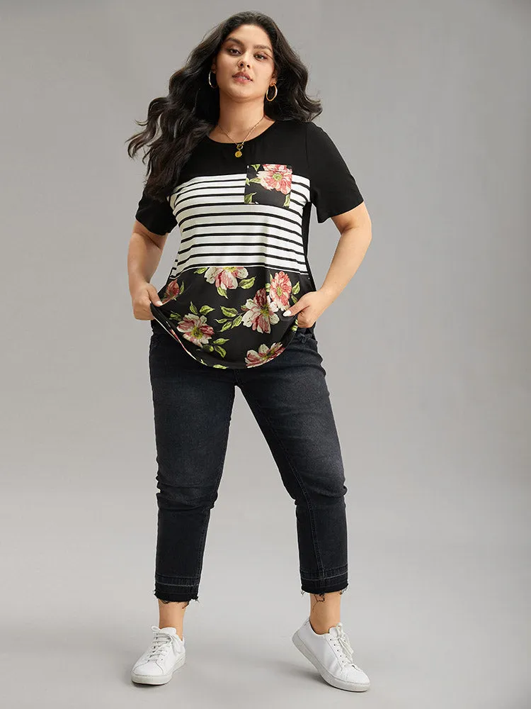 Floral Striped Patchwork Patched Pocket T-shirt sold by Bloomchic product image thumbnail 4