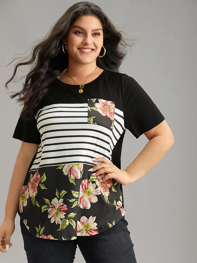 Floral Striped Patchwork Patched Pocket T-shirt sold by Bloomchic