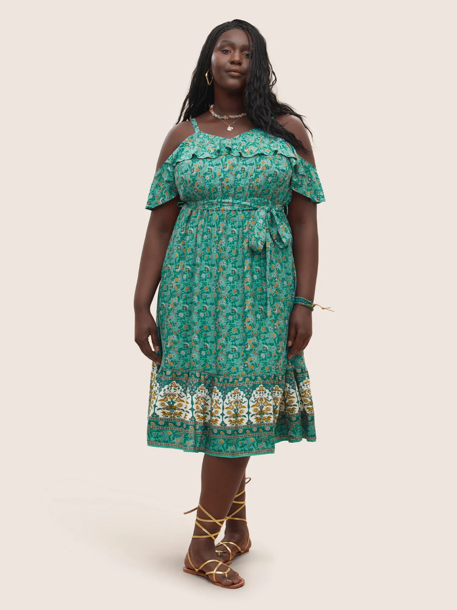 Bandana Ruffles Belted Cold Shoulder Dress sold by Bloomchic product image thumbnail 3