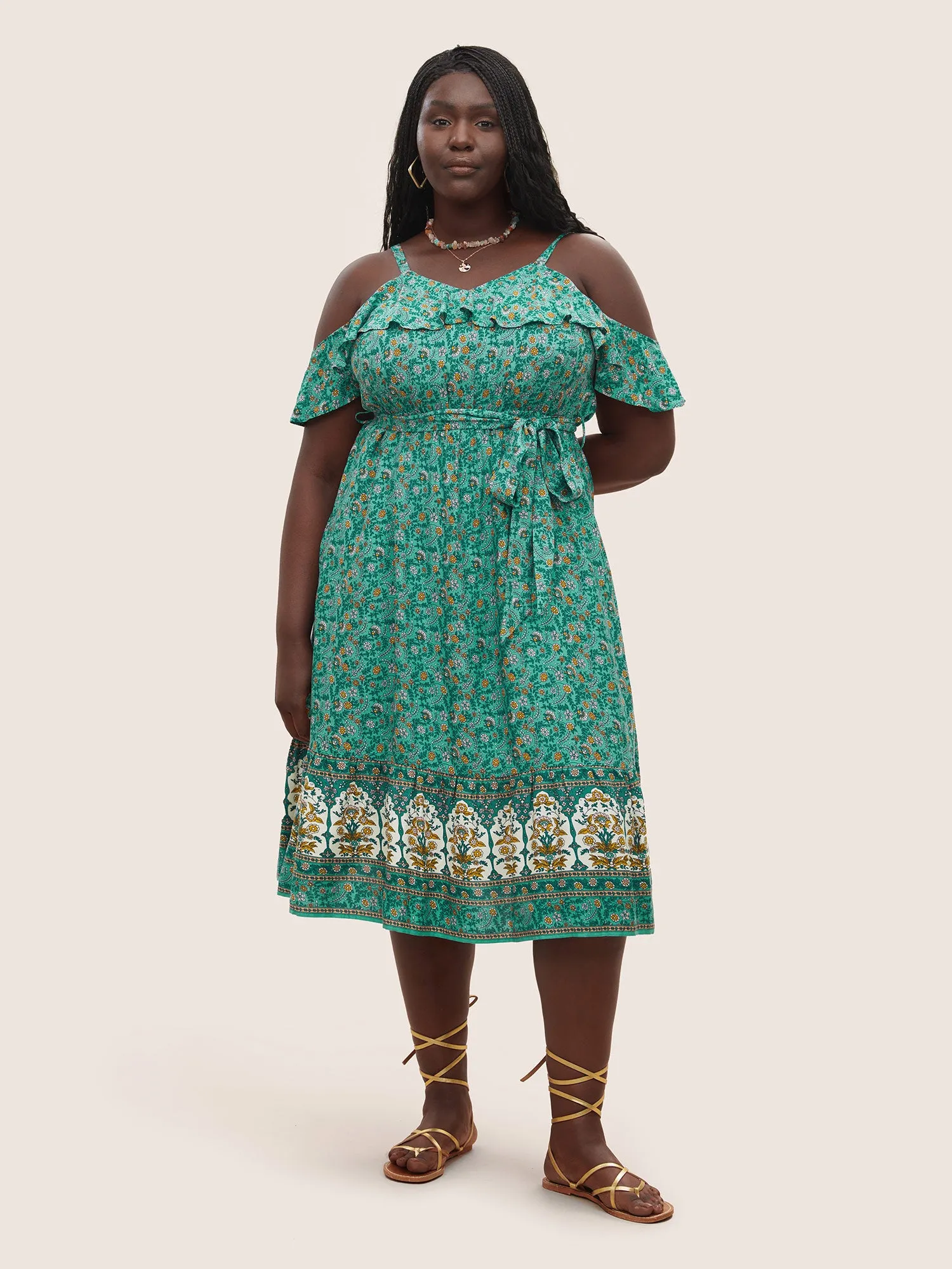 Bandana Ruffles Belted Cold Shoulder Dress sold by Bloomchic