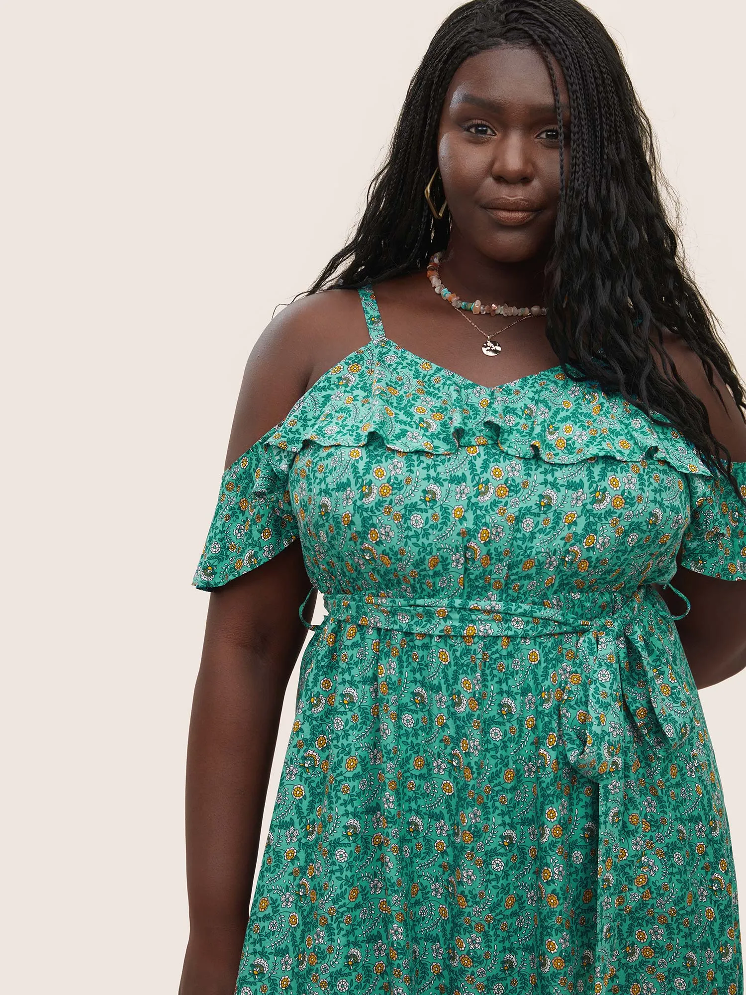 Bandana Ruffles Belted Cold Shoulder Dress sold by Bloomchic product image thumbnail 2