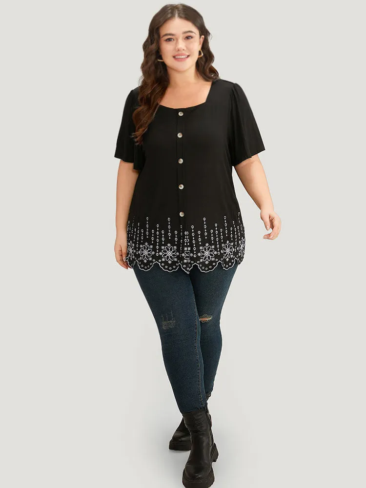 Embroidered Button Detail Scalloped Trim T-shirt sold by Bloomchic product image thumbnail 4