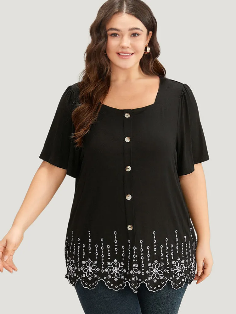 Embroidered Button Detail Scalloped Trim T-shirt sold by Bloomchic