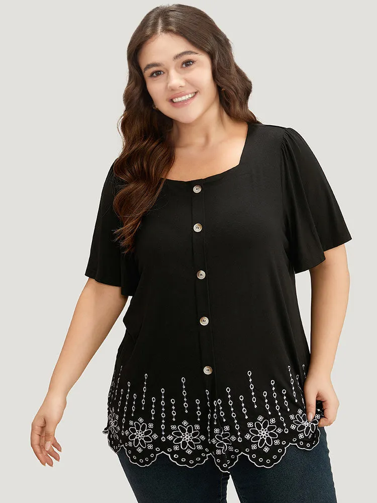 Embroidered Button Detail Scalloped Trim T-shirt sold by Bloomchic product image thumbnail 3