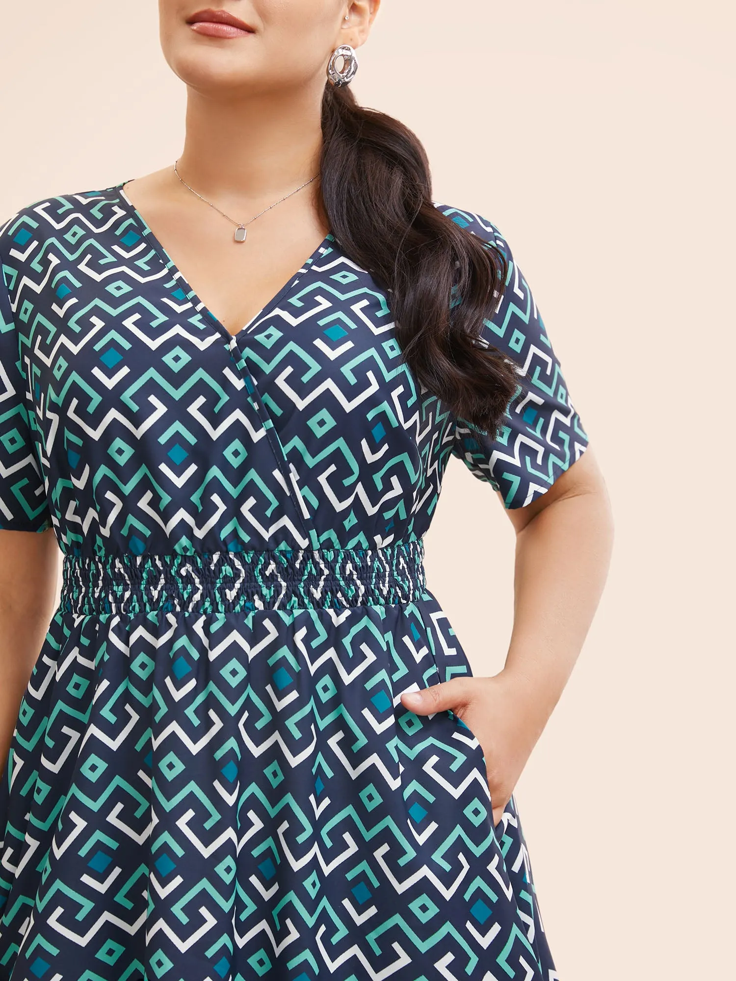 Geometric Print Overlap Collar Shirred Dress sold by Bloomchic product image thumbnail 5
