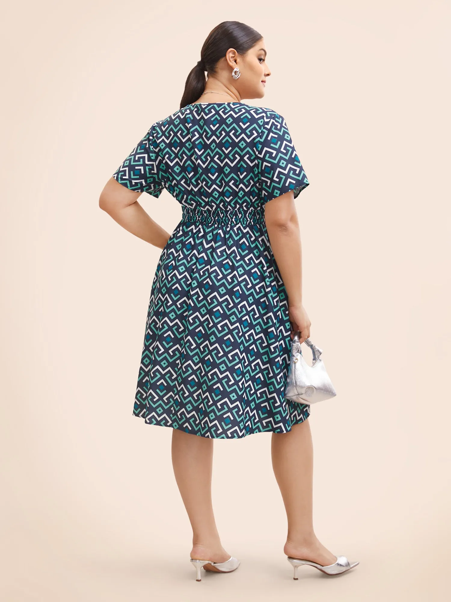 Geometric Print Overlap Collar Shirred Dress sold by Bloomchic product image thumbnail 4