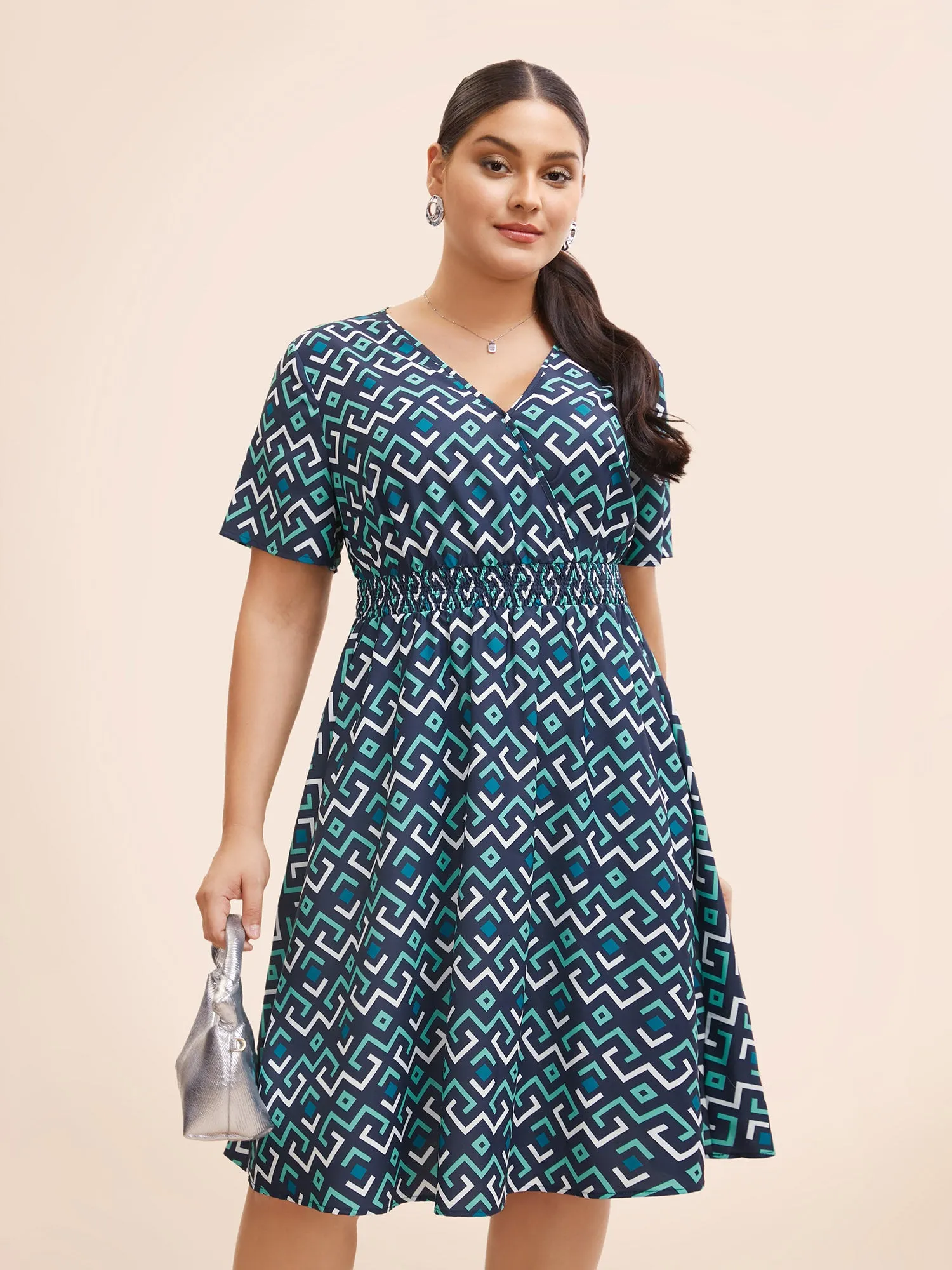 Geometric Print Overlap Collar Shirred Dress sold by Bloomchic product image thumbnail 3