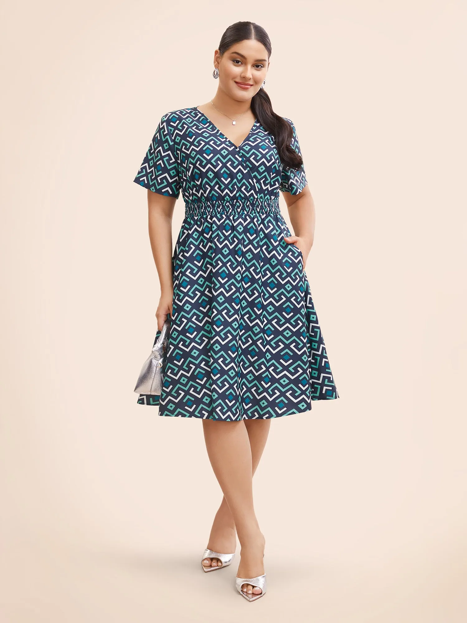 Geometric Print Overlap Collar Shirred Dress sold by Bloomchic product image thumbnail 2