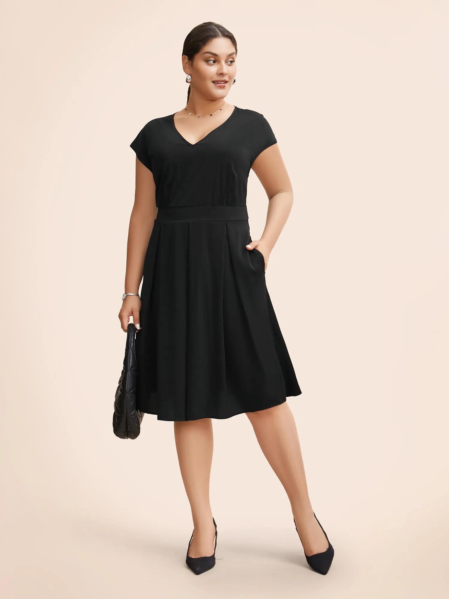 V Neck Shirred Cap Sleeve Dress sold by Bloomchic product image thumbnail 2