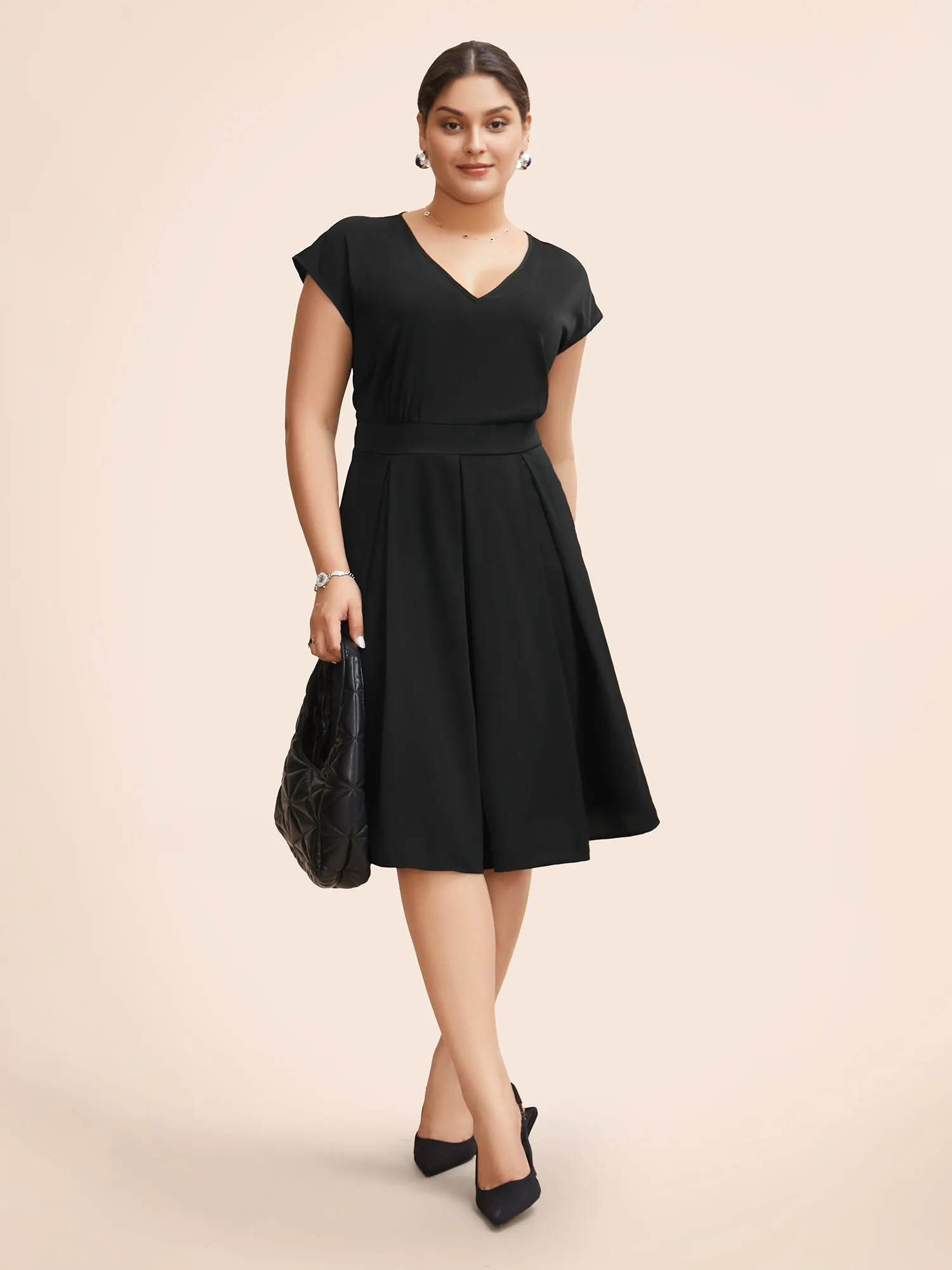 V Neck Shirred Cap Sleeve Dress sold by Bloomchic