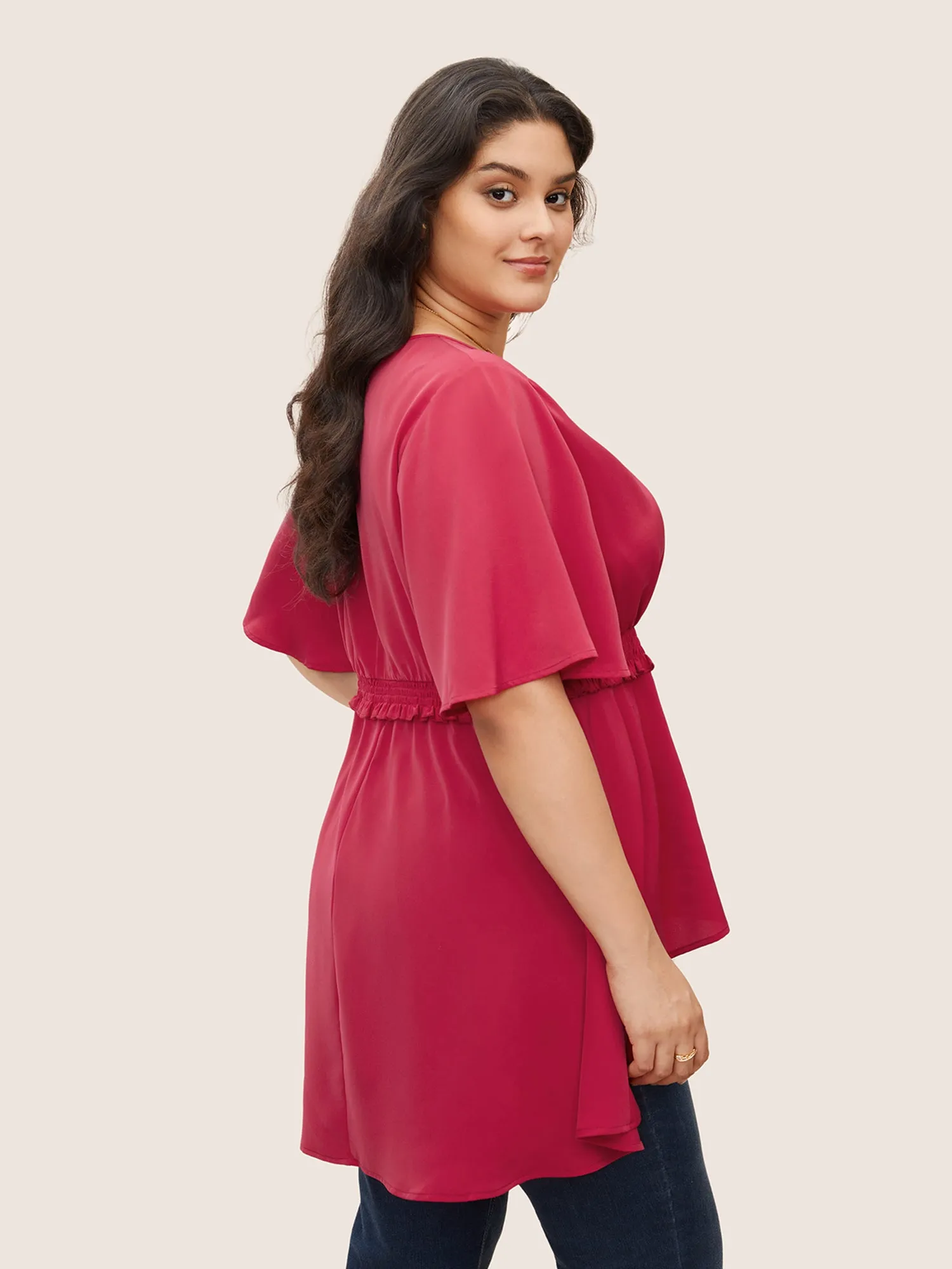 Solid Surplice Neck Shirred Frill Trim Blouse sold by Bloomchic product image thumbnail 4