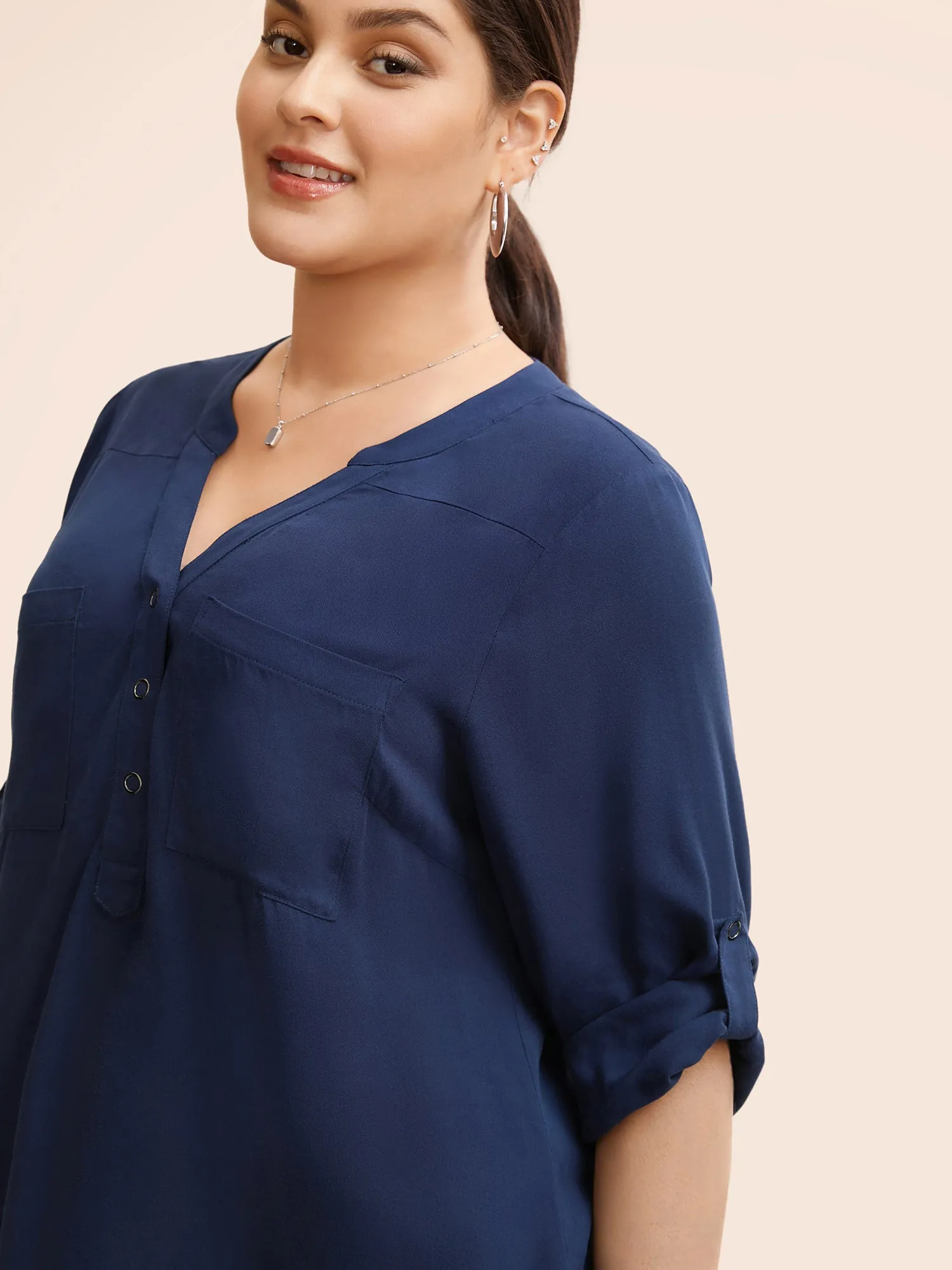 Patch Pocket Tab Sleeve Slit Hem Blouse sold by Bloomchic product image thumbnail 3