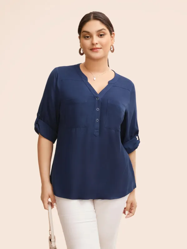 Patch Pocket Tab Sleeve Slit Hem Blouse sold by Bloomchic