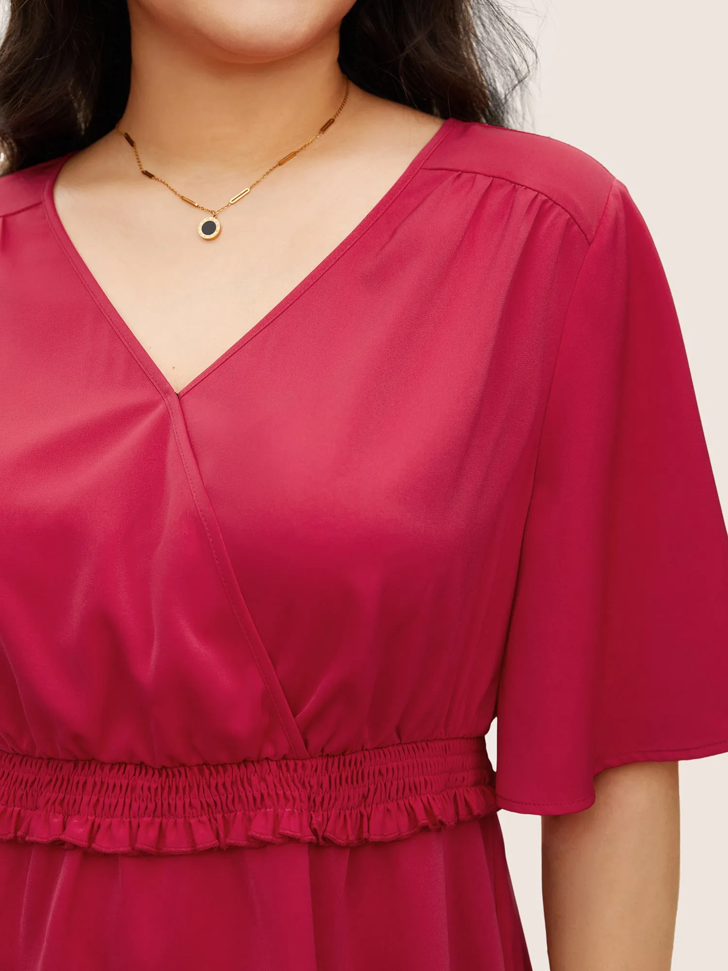 Solid Surplice Neck Shirred Frill Trim Blouse sold by Bloomchic product image thumbnail 3