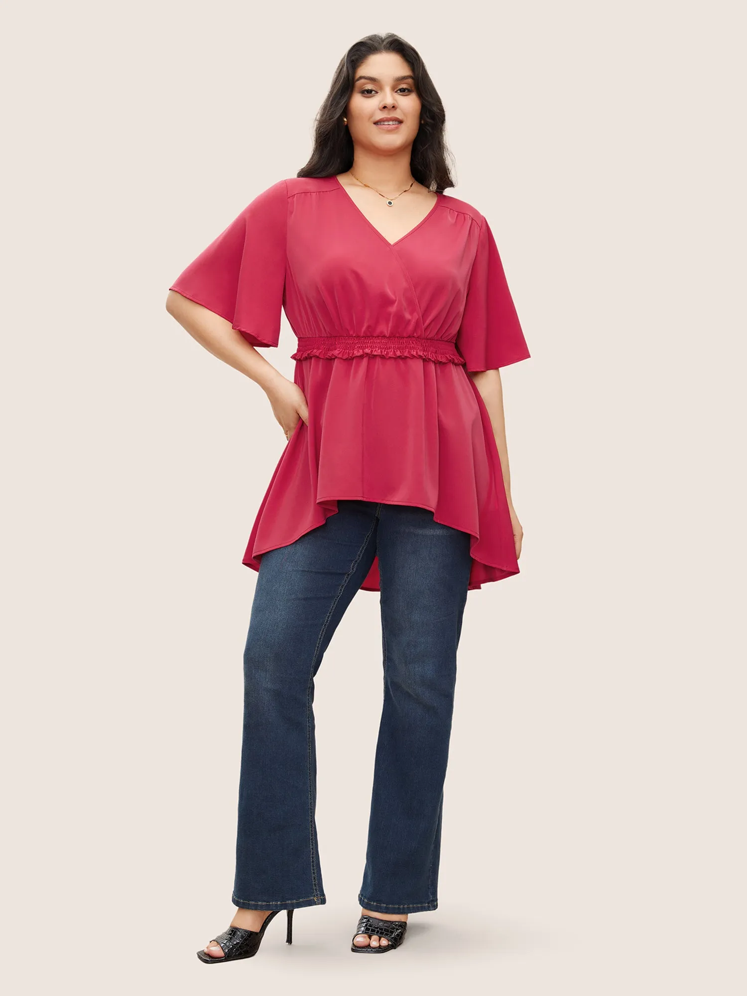 Solid Surplice Neck Shirred Frill Trim Blouse sold by Bloomchic product image thumbnail 2
