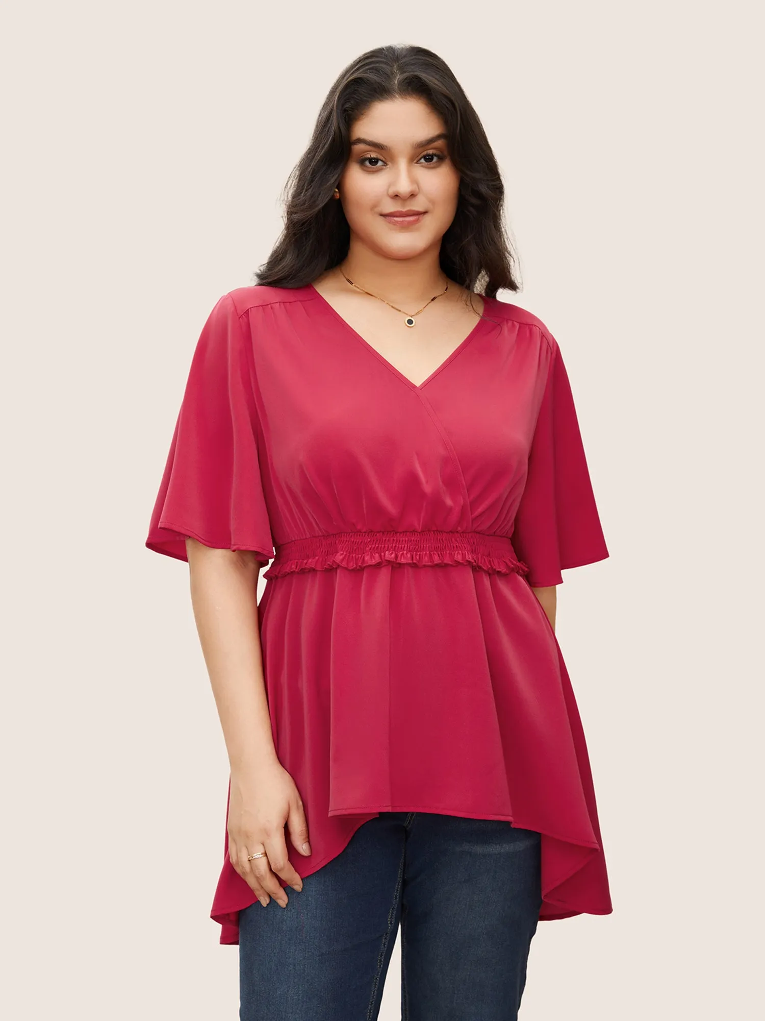 Solid Surplice Neck Shirred Frill Trim Blouse sold by Bloomchic