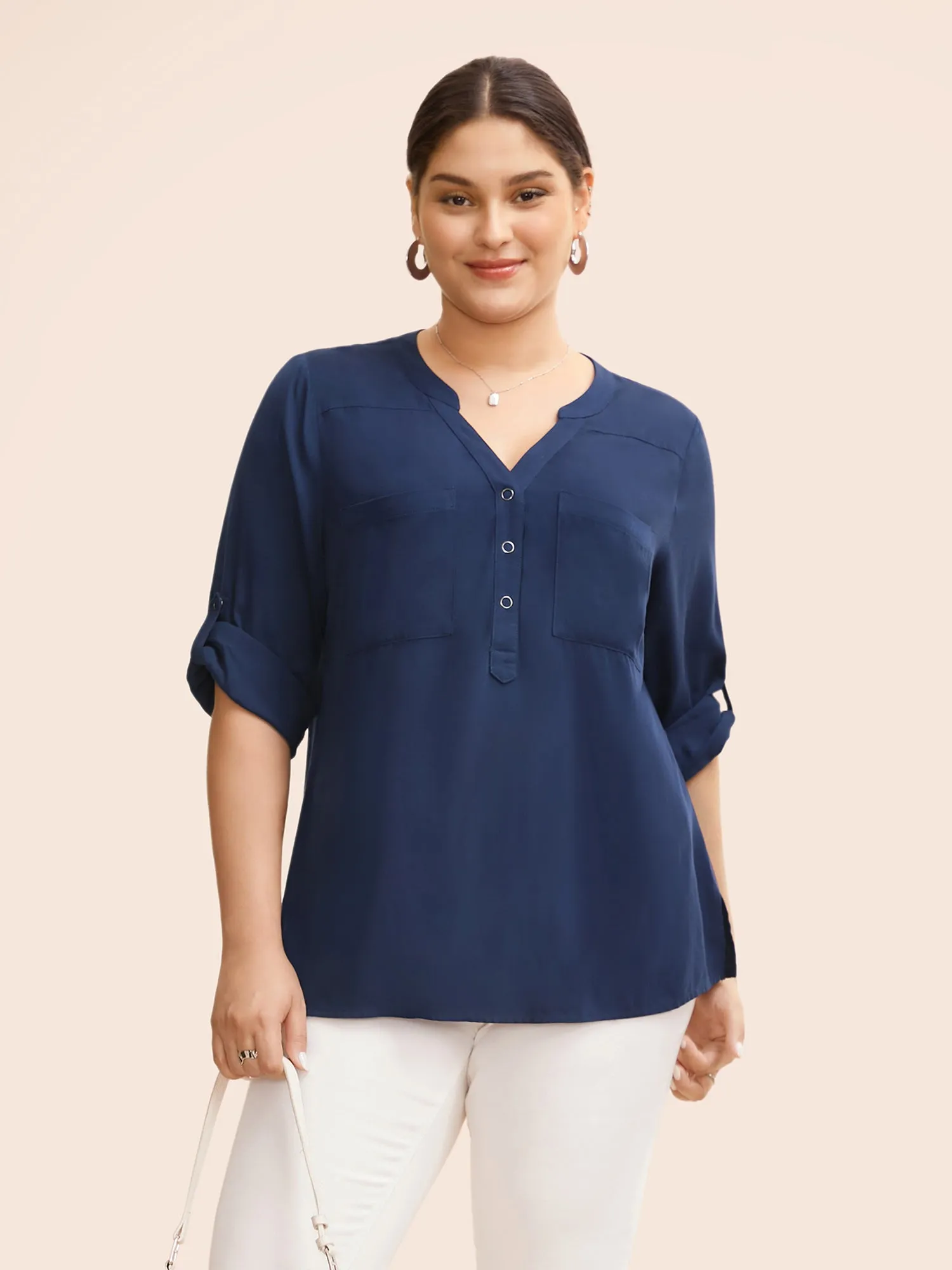 Patch Pocket Tab Sleeve Slit Hem Blouse sold by Bloomchic product image thumbnail 4